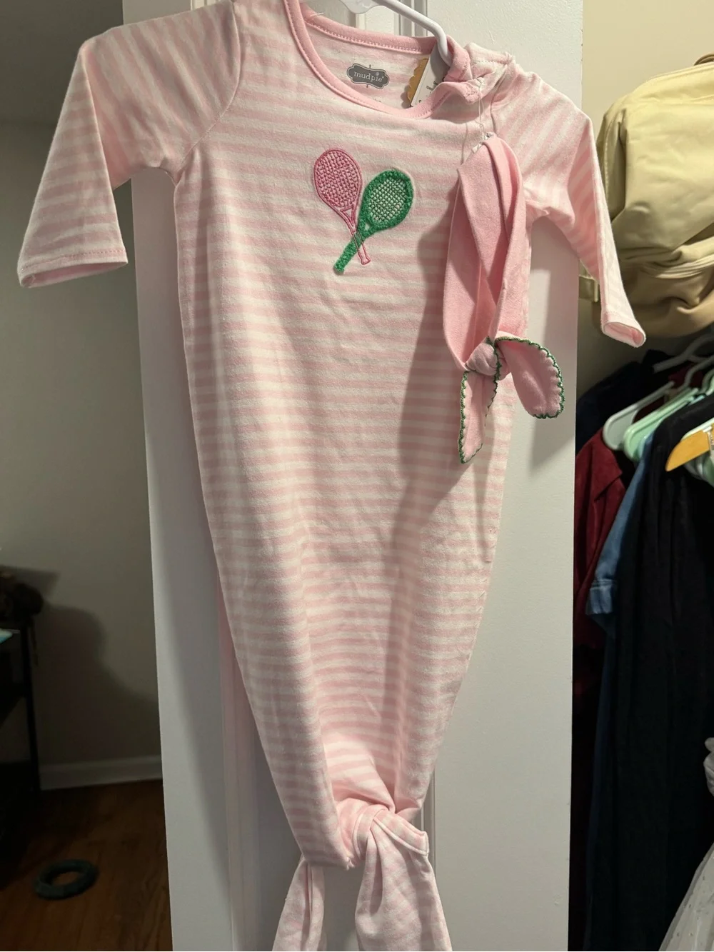 Mud Pie Pink Striped Baby Gown with Tennis Racket Appliqué